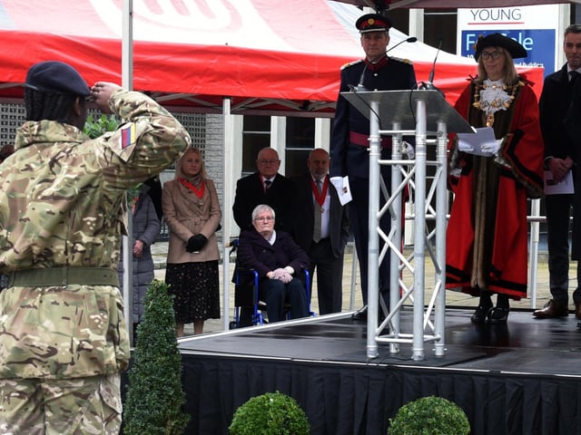 The Mayor of Chorley Councillor Julia Berry and Sir Lindsay Hoyle receive a soldier's salute
