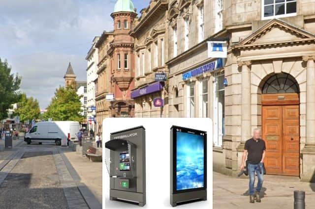 The communication hubs had been planned for five locations in Preston city centre, including here on Fishergate (images: Google and (inset) JCDecaux/In Focus Public Networks Ltd, via Preston City Council planning portal)