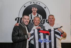 Boyzone band member Shane Lynch with Chorley commercial director Jeff Clarke and a Magpies fan (photos: David Airey/dia_images)