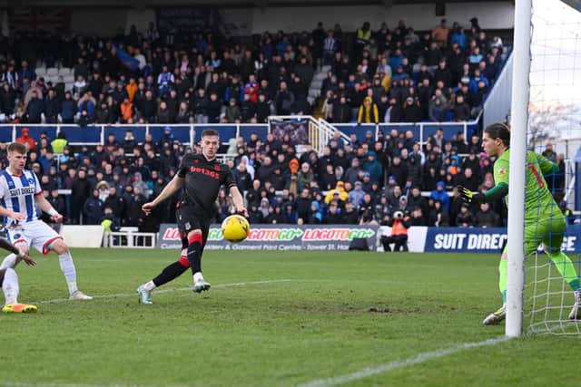 Liam Delap scores for Stoke City against Hartlepool United
