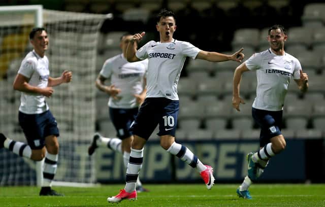 Preston North End's Josh Harrop celebrates scoring his side's first goal of the game during the match at Deepdale
