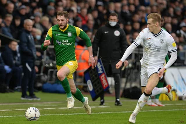 Preston North End winger Tom Barkhuizen bursts down the wing against Swansea City in January