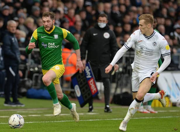 Preston North End winger Tom Barkhuizen bursts down the wing against Swansea City in January