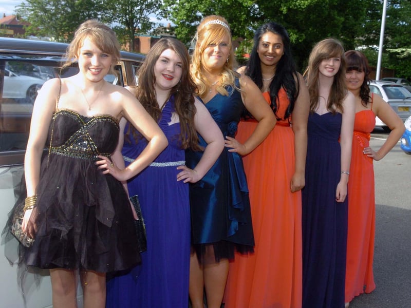 From left, Emily Caton, Emma McLoughlin, Hayley Tomlinson, Rupa Sunkari, Sabrina Cowgill and Rebecca Ealand at the Corpus Christi Catholic Sports College Prom at Barton Grange