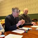 Bishop Philip, left, alongside Bishop’s Chaplain, Rev Andy Meeson, broadcasts to thousands of schoolchildren on Zoom for our centenary launch