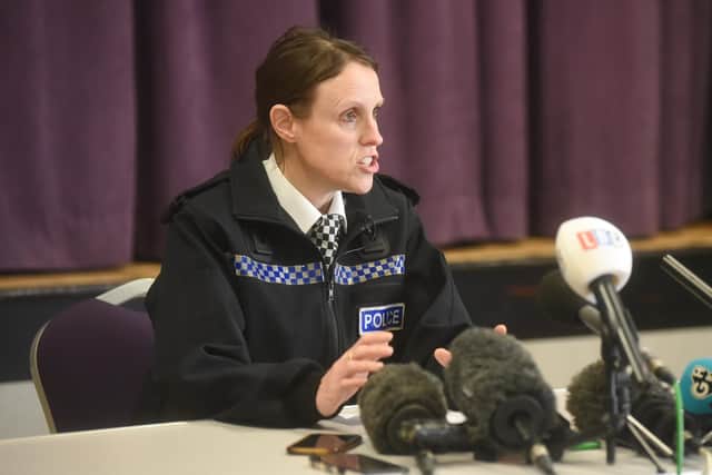 Supt Sally Riley of Lancashire Police holds a press conference at St Michael's on Wyre Village Hall on Tuesday, February 7, 2023.