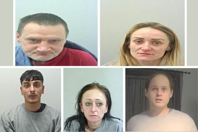 Five offenders still wanted, from top left clockwise: Richard Berresford, Michaela Glover, Damon Chadwick, Katie Ainsworth and Danyal Hussain.