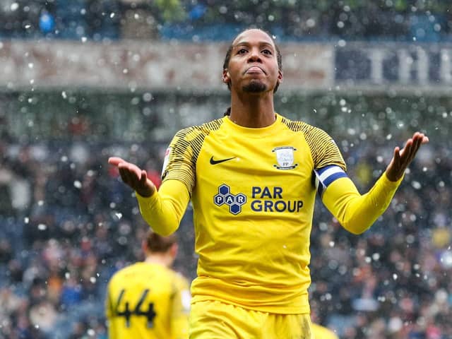 Preston North End's Daniel Johnson celebrates Ched Evans’ goal at Blakcburn Rovers
