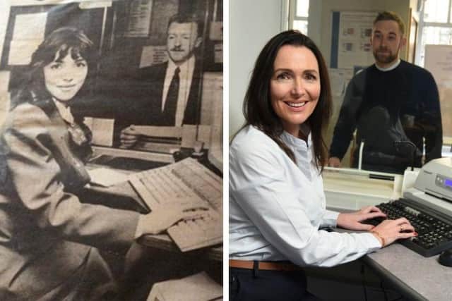 Snap: Estelle Turner re-enacting the picture taken of her when she first joined the Nationwide Building Society in Chorley 33 years ago