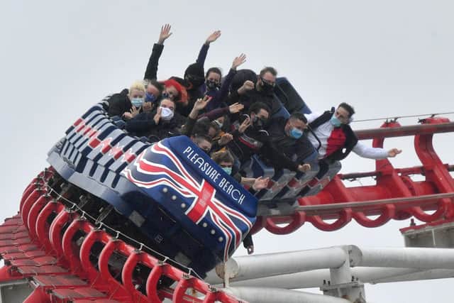 Thrill seekers  ride the Big One at Blackpool  Pleasure Beach as the resort reopens to visitors following the Covid-19 lockdown