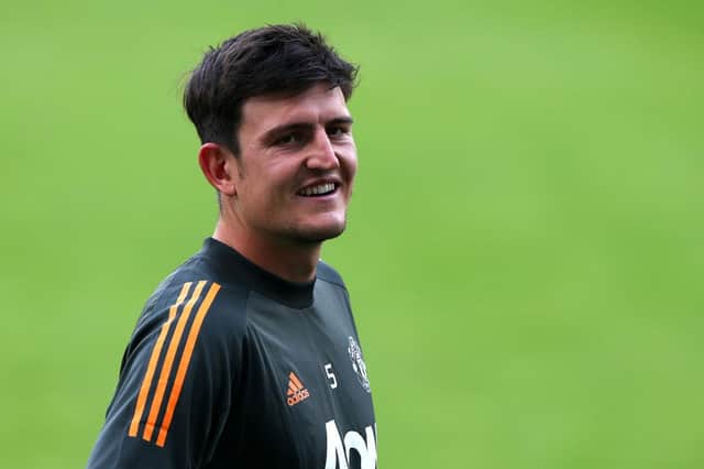 Harry Maguire pictured at training prior to Manchester United's Europa League semi-final with Sevilla (Getty Images)