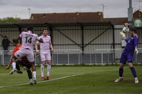 Carlton Ubaezuonu heads Chorley into a 3-0 lead against Peterborough Sports (photo: David Airey/dia_images)