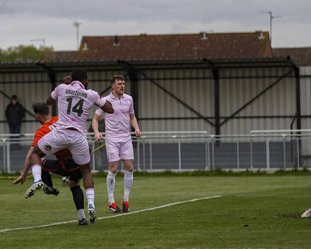 Carlton Ubaezuonu heads Chorley into a 3-0 lead against Peterborough Sports (photo: David Airey/dia_images)