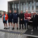 The Rugby League World Cups visited Preston yesterday. Centre is the Mayor of Preston, Coun Javed Iqbal with UCLan Vice Chancellor Professor Graham Baldwin and Wigan Warrior Liam Farrell.