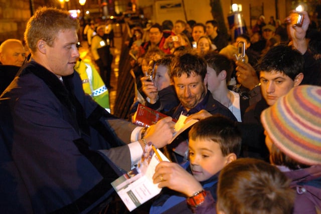 Cricketer Andrew Flintoff MBE signing autograph for fans when he was made Honorary Freeman of the city of Preston, his hometown