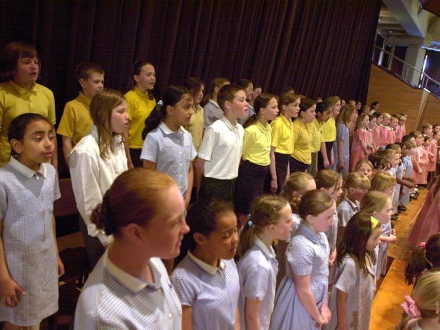 Pupils from Fulwood and Cadley School performing alongside other children at the Preston Schools Music Festival held at the Guild Hall in 2004