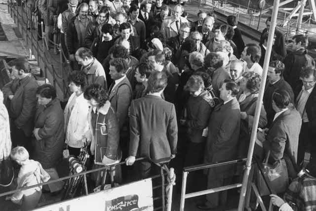 Queuing up to gain entry to the Manxman. It is unclear when this picture was taken - but it looks like it was when the ship was still in operation as a ferry