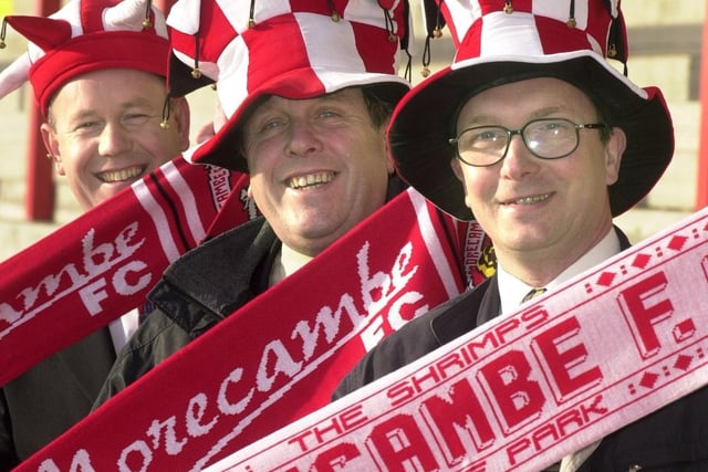 Getting ready for the carnival atmosphere at Christie Park (from left) vice chairman of Morecambe FC Graham Hodgson, commercial manager Peter Howard and chief executive Rod Taylor
