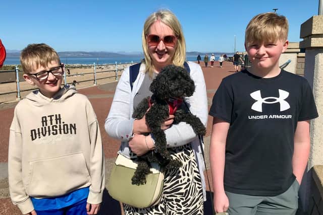 Kelly Burrell, from Bolton-le-Sands, with Herbie and Dougie and dog Pixie.