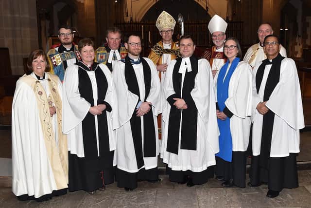 Pictured at the first service held for the new Honorary Canons are, l-r The Ven. Jane Atkinson; Rev. Canon James Lawrence; Rev. Canon Linda Tomkinson; Rev. Canon Andrew Horsfall; Rev. Canon Damian Platt; Rt Rev. Philip North; Rev. Canon David de Silva; Rt Rev. Dr Joe Kennedy; Canon Sue Champness; The Ven. David Picken and Rev. Canon Munawar Din