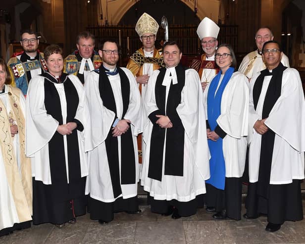 Pictured at the first service held for the new Honorary Canons are, l-r The Ven. Jane Atkinson; Rev. Canon James Lawrence; Rev. Canon Linda Tomkinson; Rev. Canon Andrew Horsfall; Rev. Canon Damian Platt; Rt Rev. Philip North; Rev. Canon David de Silva; Rt Rev. Dr Joe Kennedy; Canon Sue Champness; The Ven. David Picken and Rev. Canon Munawar Din