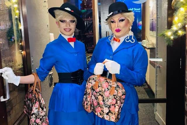Linda Gold and Dys Alexia, two drag queens who run Linda Gold's FunnyBoyz drag shows.