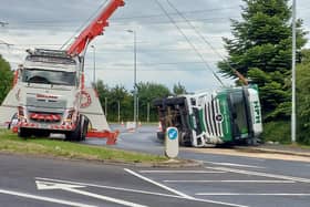 Farington Road - between Lostock Hall and Leyland - has been closed since Sunday afternoon (July 9) when a lorry crashed and overturned on the roundabout. (Photo by Andrew John Waiting)