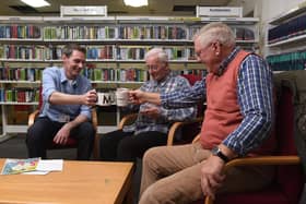Photo Neil Cross; Michael Barret, left, has set up a mens mental health group :  'Mens Club' at Chorley library, pictured with Francis Casey and Carl Burton