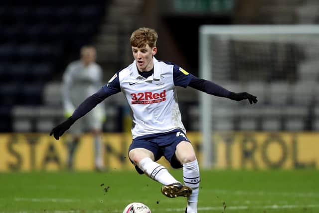 Anthony Gordon playing for Preston North End at Deepdale during his loan spell