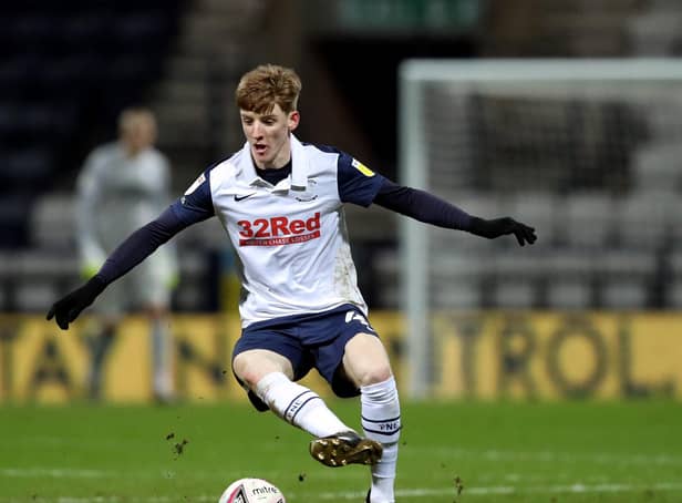 Anthony Gordon playing for Preston North End at Deepdale during his loan spell