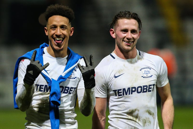 Preston North End's Callum Robinson and Alan Browne celebrate after the match