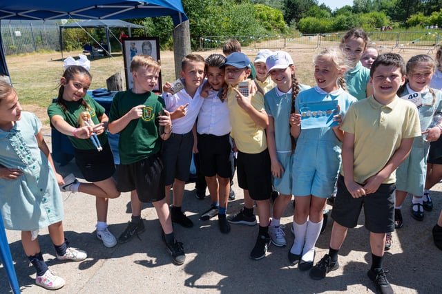 Pupils from St Patrick's Primary School with some of the items removed from the time capsule buried at Heysham Power Station. Photo: Kelvin Lister-Stuttard