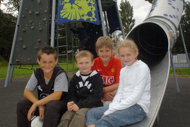 Pictured from left to right are Joe Riley, 10, Robert Capstick, seven, Will Powell, 11, and Charlotte Addison, 11, on the new alien slide at Park View playing fields in Lytham. The slide has been funded by Park View 4U