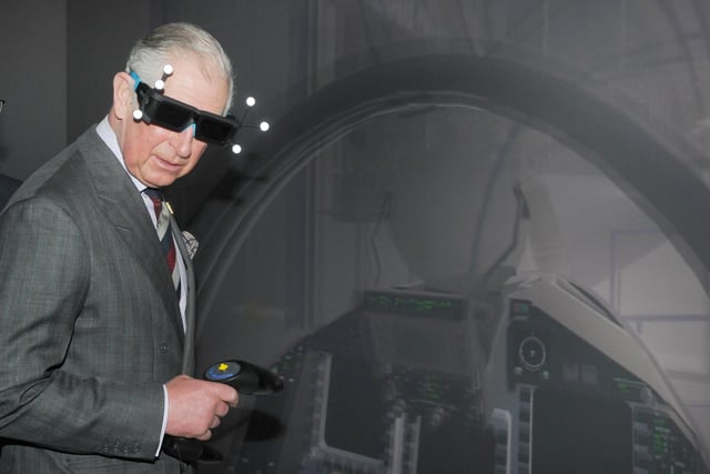 HRH Prince Charles tries out a virtual reality experience during his visit to BAE Systems Academy for Skills and Knowledge, during his visit to the Ribble Valley in 2017
