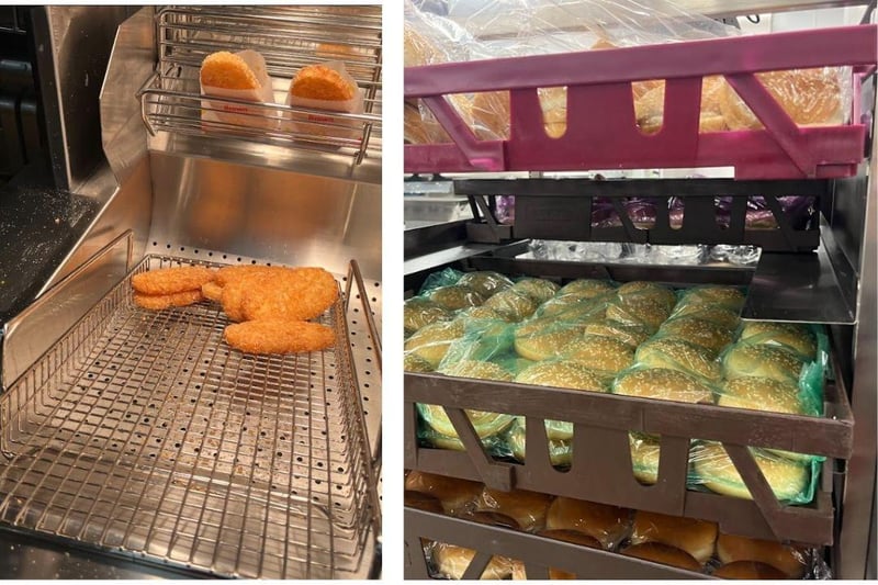Left: hasbrowns being kept warm. Right: burger buns in storage