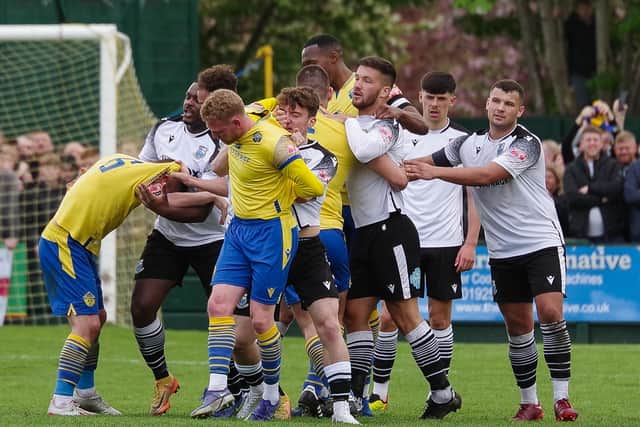 Tempers flare in the play-off final between Brig and Warrington Town (photo: Ruth Hornby)