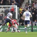 Middlesbrough's Chuba Akpom is fouled by Preston North End's Bambo Diaby who is given a second yellow card and sent off