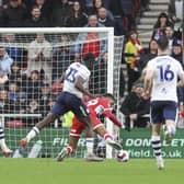 Middlesbrough's Chuba Akpom is fouled by Preston North End's Bambo Diaby who is given a second yellow card and sent off