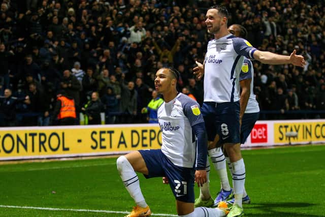 Preston North End's Cameron Archer celebrates scoring the only goal against Blackpool.