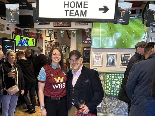 Burnley FC  owner Alan Pace with Royal Dyche landlady Justine Bedford during his surprise visit to the pub ahead of Saturday's game