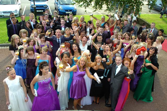 Group shot of all who attended the 2009 Corpus Christi Catholic High School prom at Barton Grange Hotel