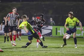 Momodou Touray fires an effort towards goal against Peterborough Sports (photo: David Airey/dia_images)
