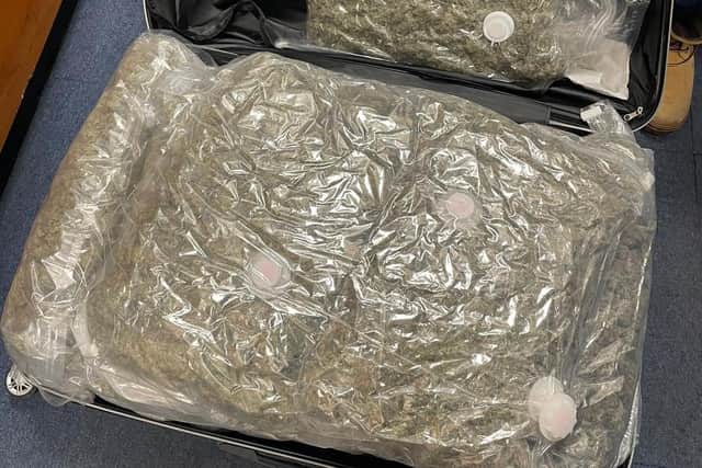 Police officers seized a suitcase full of drugs after arresting a man at Lancaster train station. Picture courtesy of BTP Lancashire.