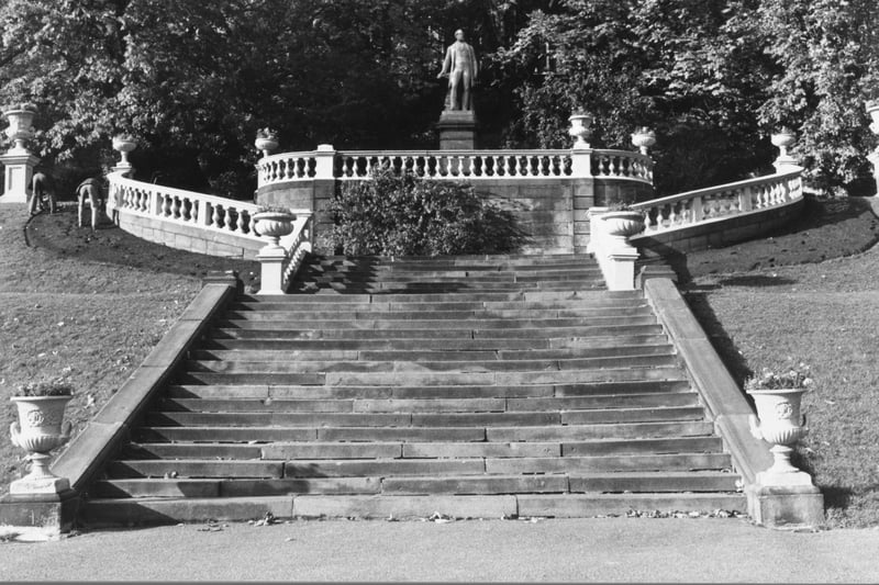 The magnificent stone stairway and balustrade in Miller Park, Preston, which was built by the workless during the Cotton Famine. This image was taken in the early 1980s