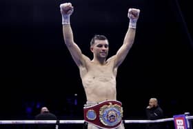 Jack Catterall celebrates after winning the WBO International super-lightweight title at the Co-op Live Arena, Manchester (photo: Richard Sellers/PA Wire)