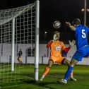 Patrick Allington heads home against Warrington Rylands (photo: Phil Dawson)