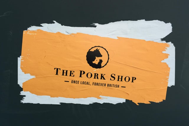 Signage on the ceiling of The Pork Shop in Walmer Bridge on Liverpool Old Road.