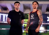 Jack Catterall and Regis Prograis face off after their public workout at the National Football Museum, in Manchester, England. (Photo by Carl Recine/Getty Images)