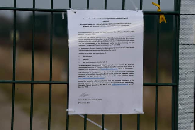 A notice at the Little Plumpton fracking site reveals that Cuadrilla wants until April 2025 to decommission the wells and restore the land - two years after than the current deadline has expired