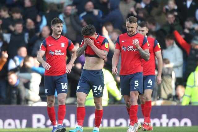 Preston North End players look dejected after their side concede at Derby County.